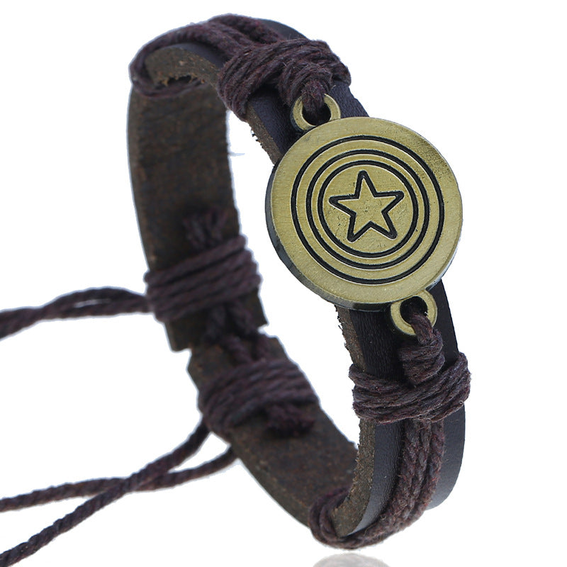 Wholesale Vintage Woven Antique Copper Alloy Pentagram Leather Bracelet